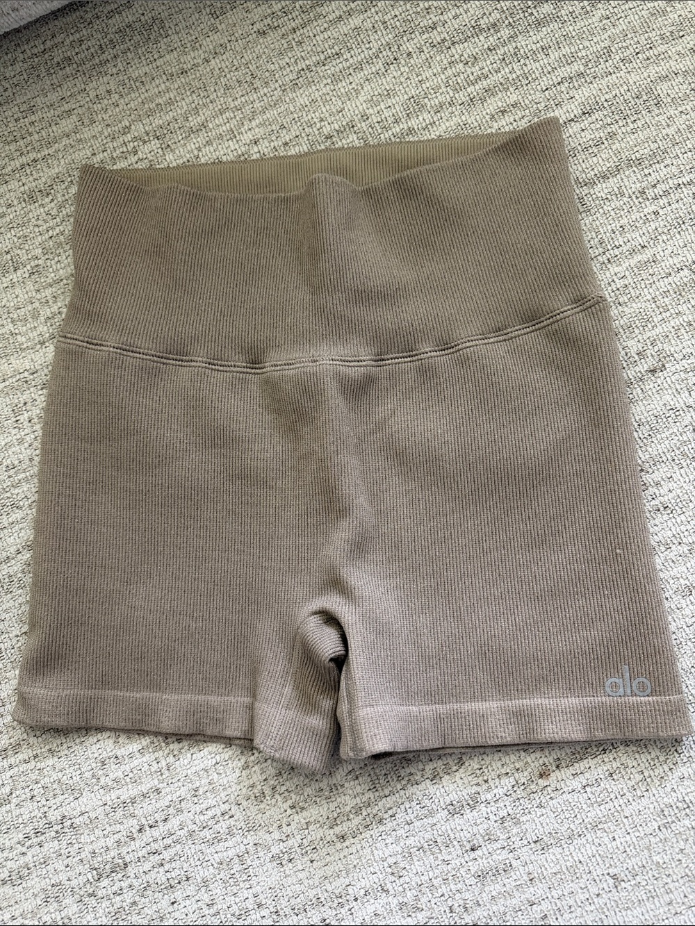 ALO Yoga Ribbed High-Waist Bike Shorts in Taupe S